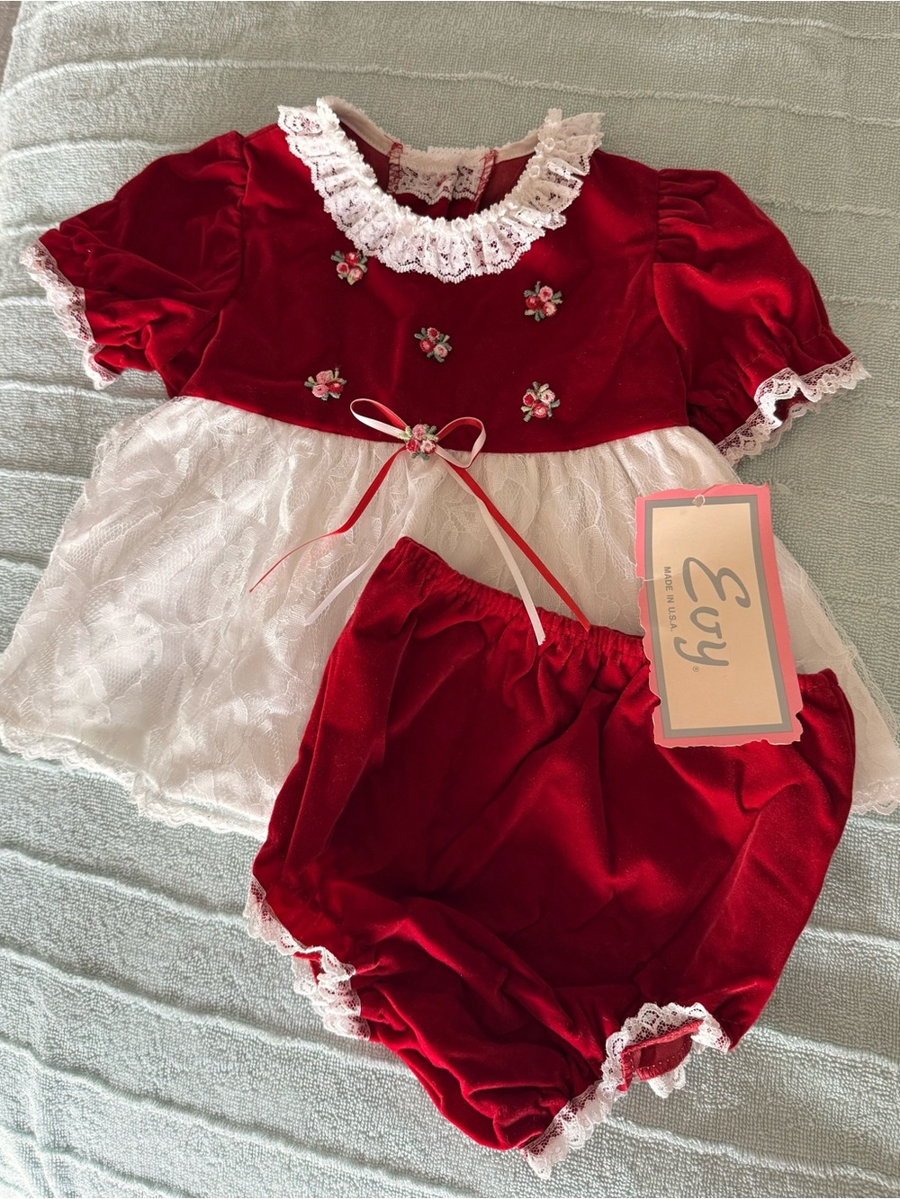 Vintage Evy Red Velvet & White Lace Baby Dress, 3-6M, NWT